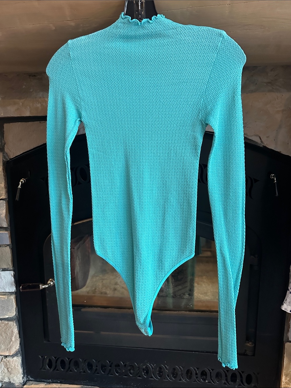 Free People Aqua Ribbed Mock-Neck Long-Sleeve Bodysuit